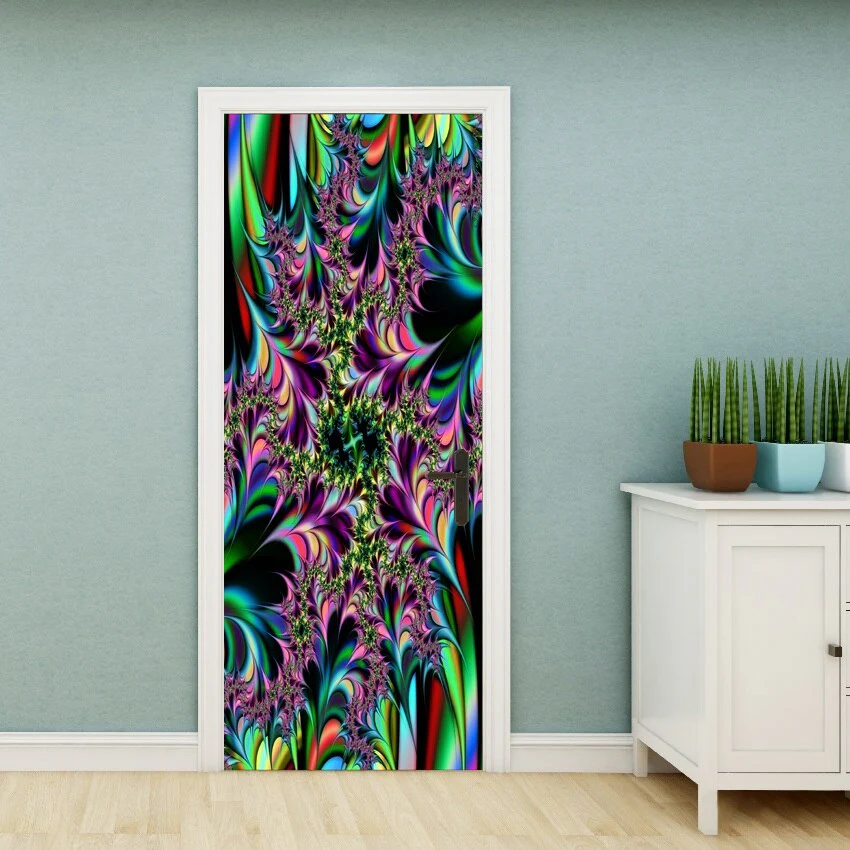 HULIANFU PVC Material Self-adhesive Door Stickers Art Colorful Light Tie-dye Blooming Abstract Home Decor Poster Door Decoration Stickers - Deanwangkt