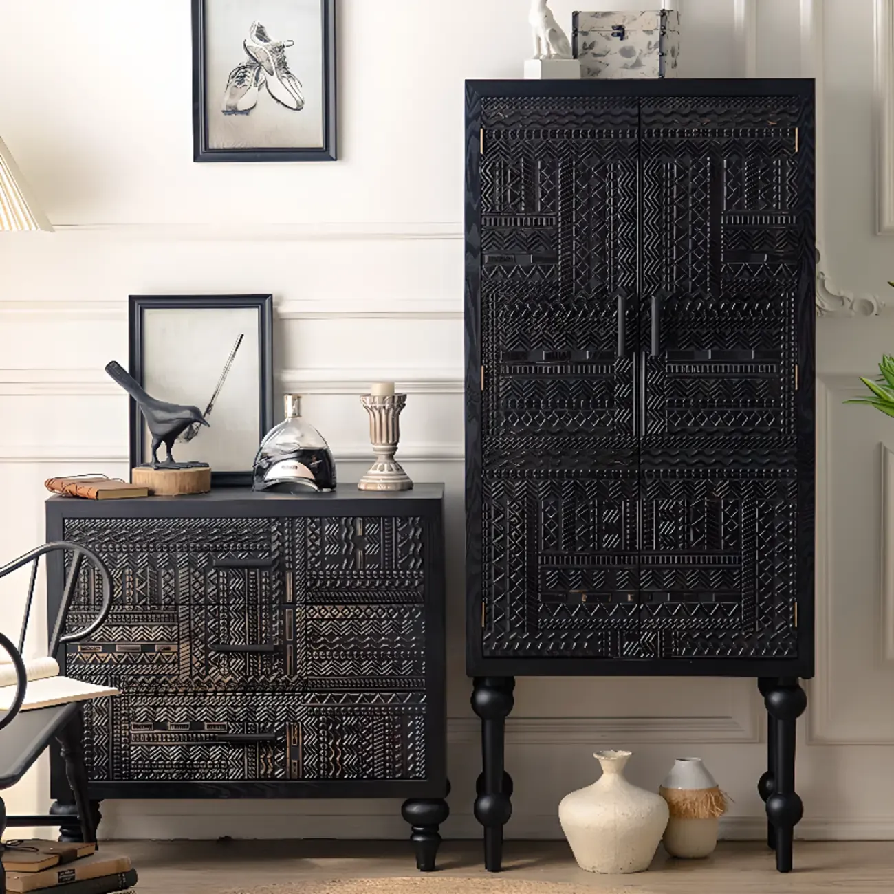 Mid-Century Rectangle Black Distressed Wood Carved Cabinet