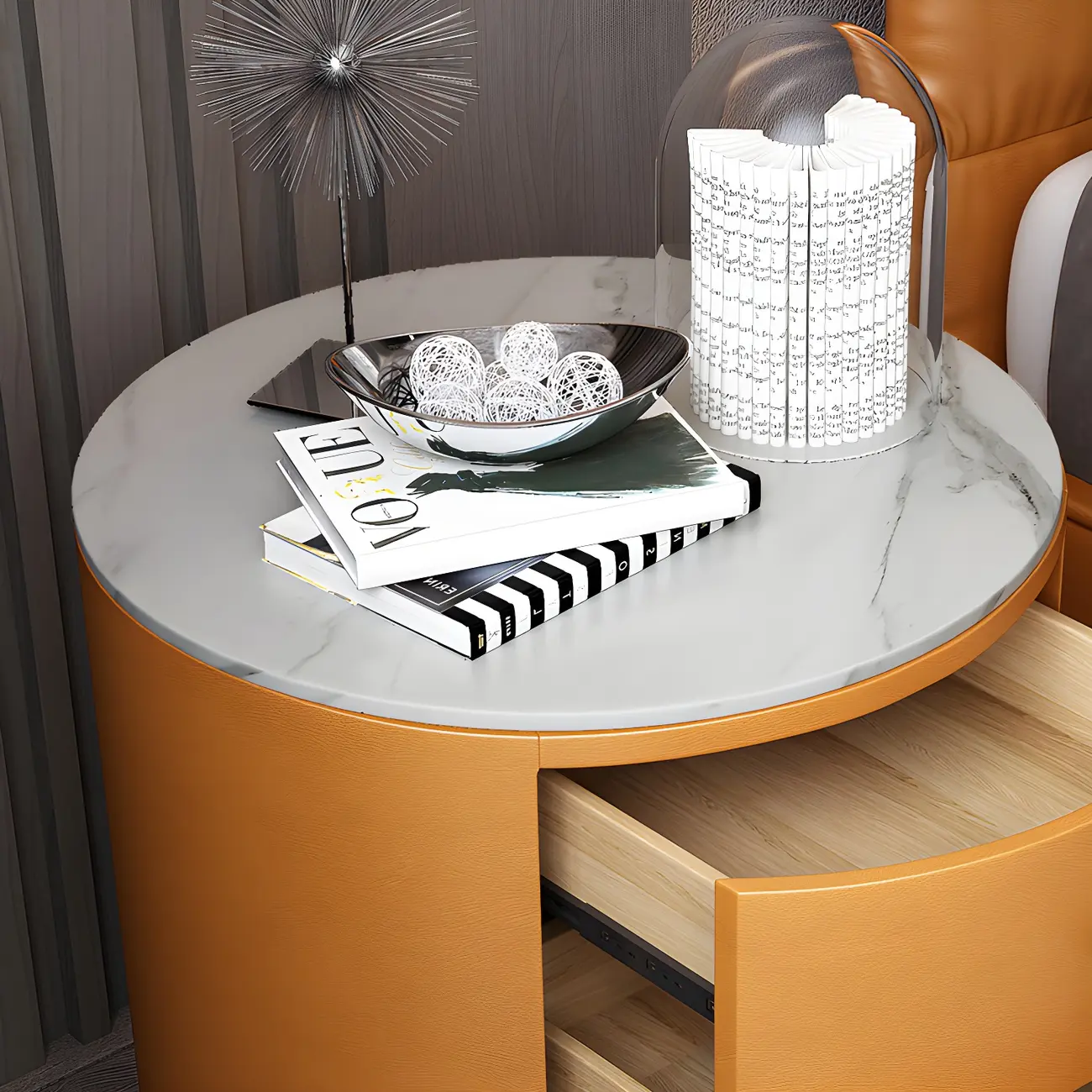 Modern Faux Leather Round Bedside Table with Two Drawers in Grey
