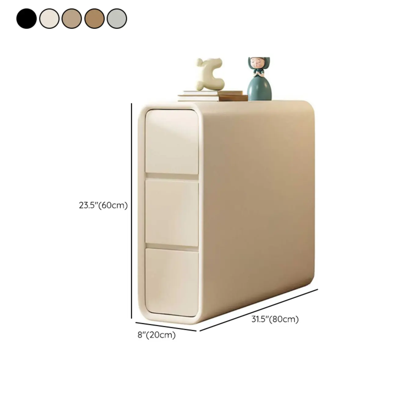 Sleek Rectangular Leather White 3 Drawers Narrow Side Table