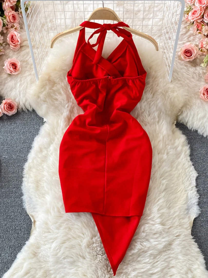 Hulianfu Summer Women Dress Sexy Lace-up Halter Sleeveless Sequins Party Dress High Waist Drawstring Ruched Irregular Backless Club Dress - Deanwangkt