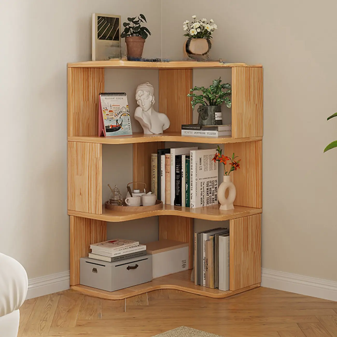 Natural Finish L-Shaped Vertical Wood Open Back Bookcase
