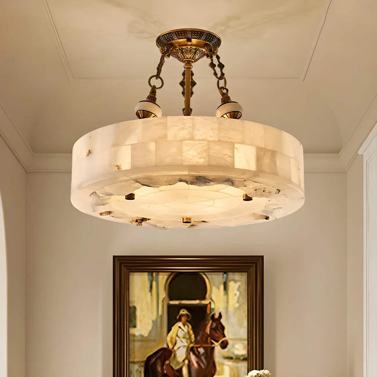 Luxurious Gold Alabaster Cylindrical Chandelier