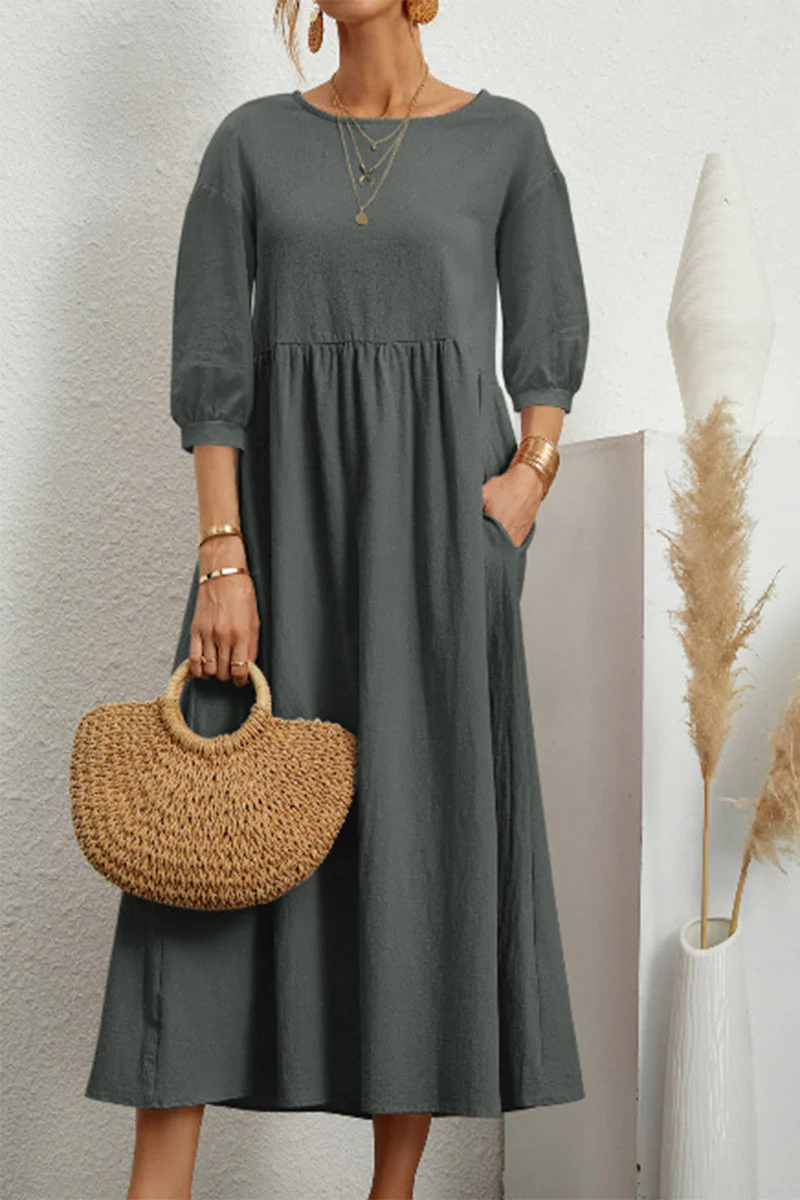hulianfu Casual Solid Solid Color O Neck A Line Dresses(11 Colors) - Deanwangkt