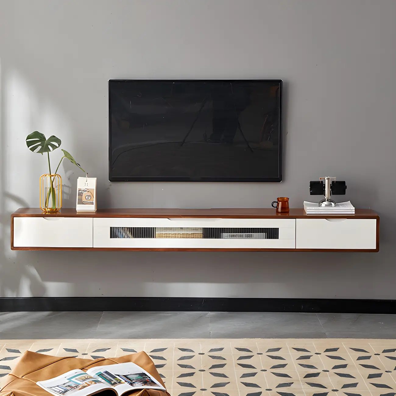 Rubberwood Wall Mount TV Stand Entertainment Center