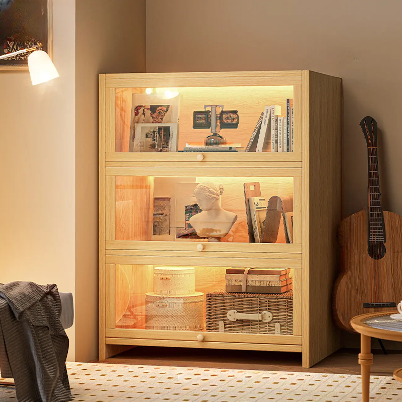 Scandinavian Natural 5-Tier Wood Bookcase with Flip-up Doors