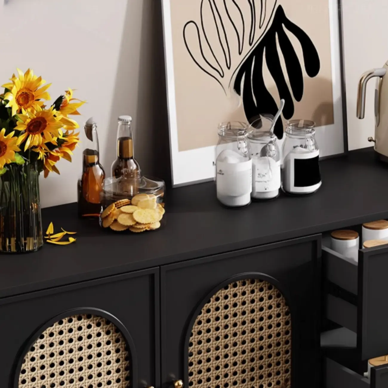 Traditional 3-Layer Rattan Wooden Black Sideboard Cabinet