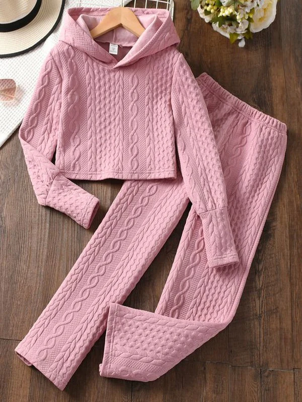 Chic Pink Plain Hoodie Long Sleeve Two Piece Set