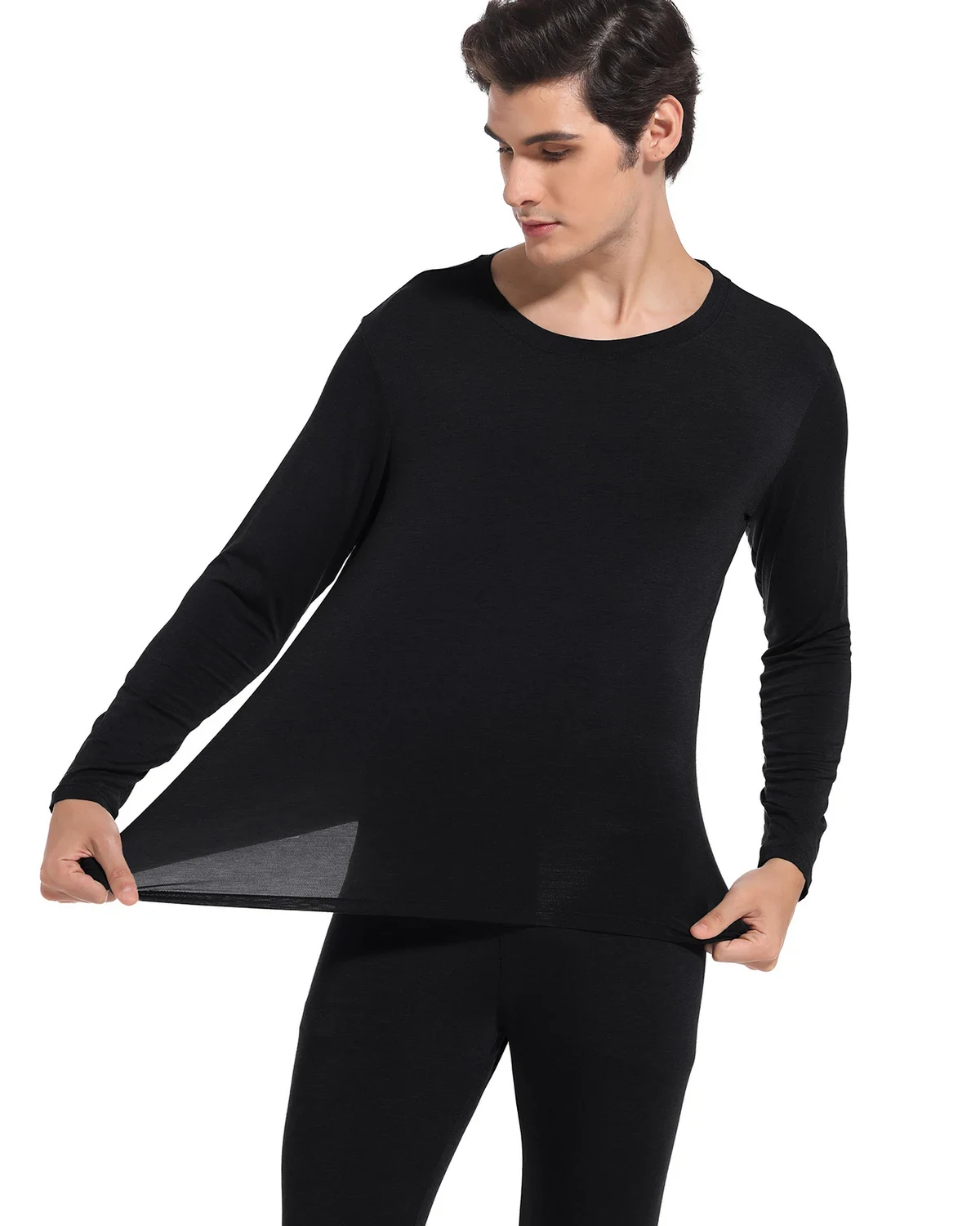 Light Warm Crew Neck Modal Men's Thermal Underwear Set, Thin Heat-Storing Seamless Base Layer for Autumn and Winter, Thermal Top and Bottom Set