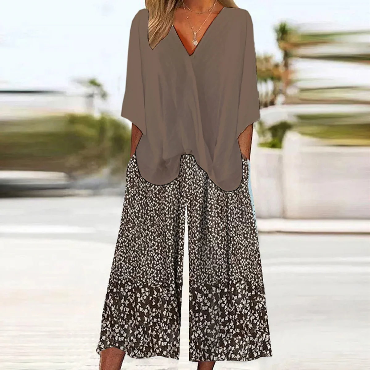 Coffee V-Neck Long Sleeve Two Piece Set