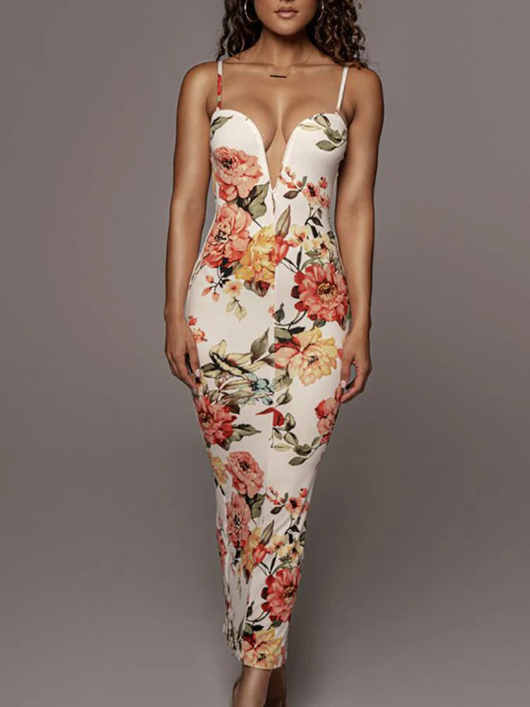 Sexy Spaghetti Strap Female Party Dress Summer Sleeveless V Neck Lace Patchwork Dress Women Floral Print Sheath Backless Dress - Deanwangkt