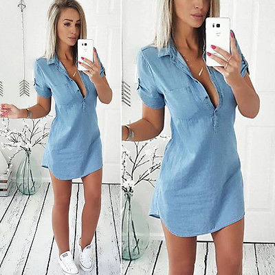 hulianfu summer women denim dresses short sleeves Slim V-neck Sexy Casual Office Jeans Dress Vestidos Robe Party  Dresses - Deanwangkt