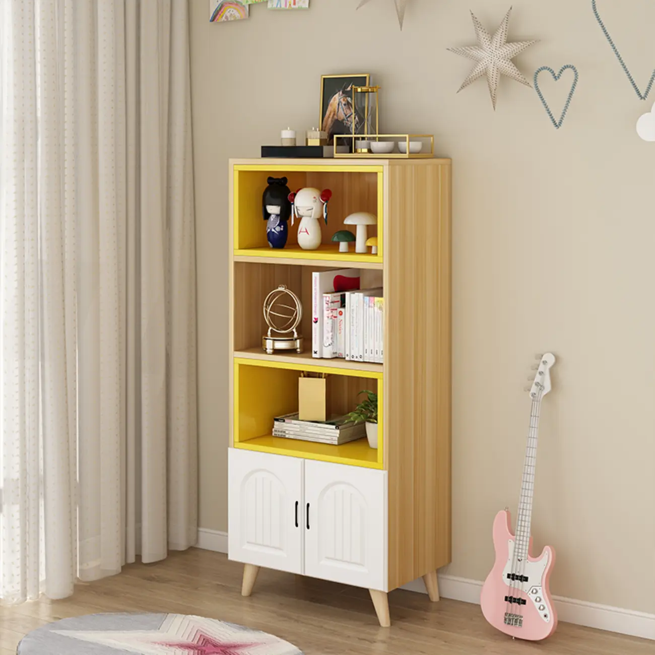 Wood 3-Tier White and Yellow Cube Bookcase with Cabinet