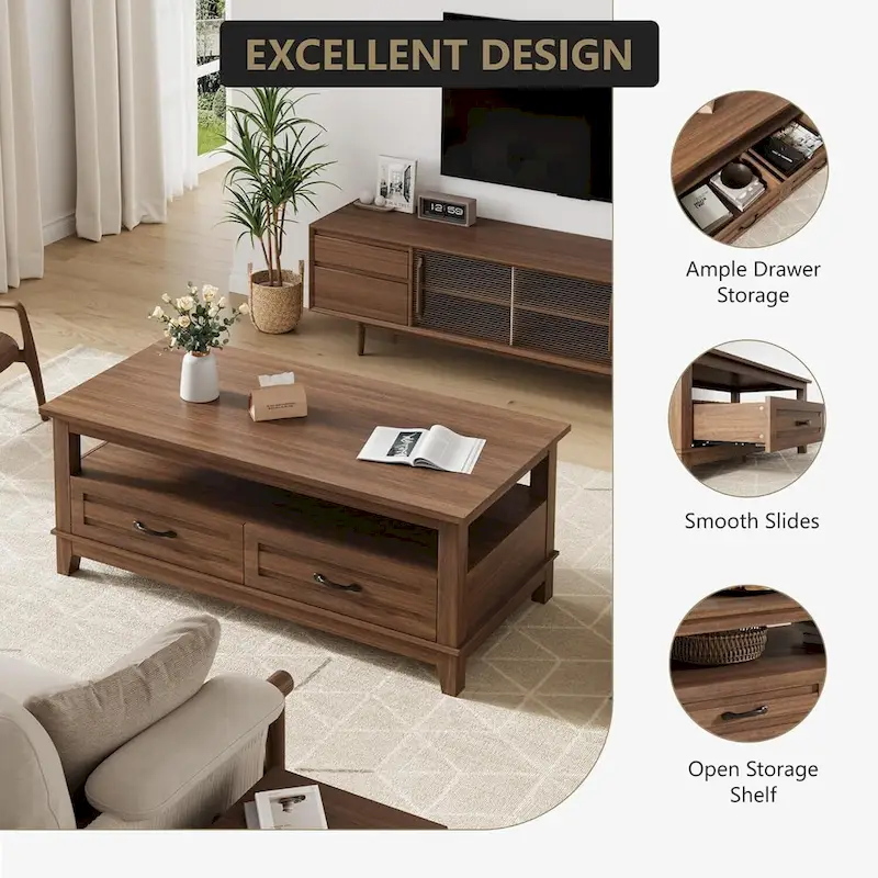 Farmhouse Coffee Table with Drawers and Open Shelf - N/A