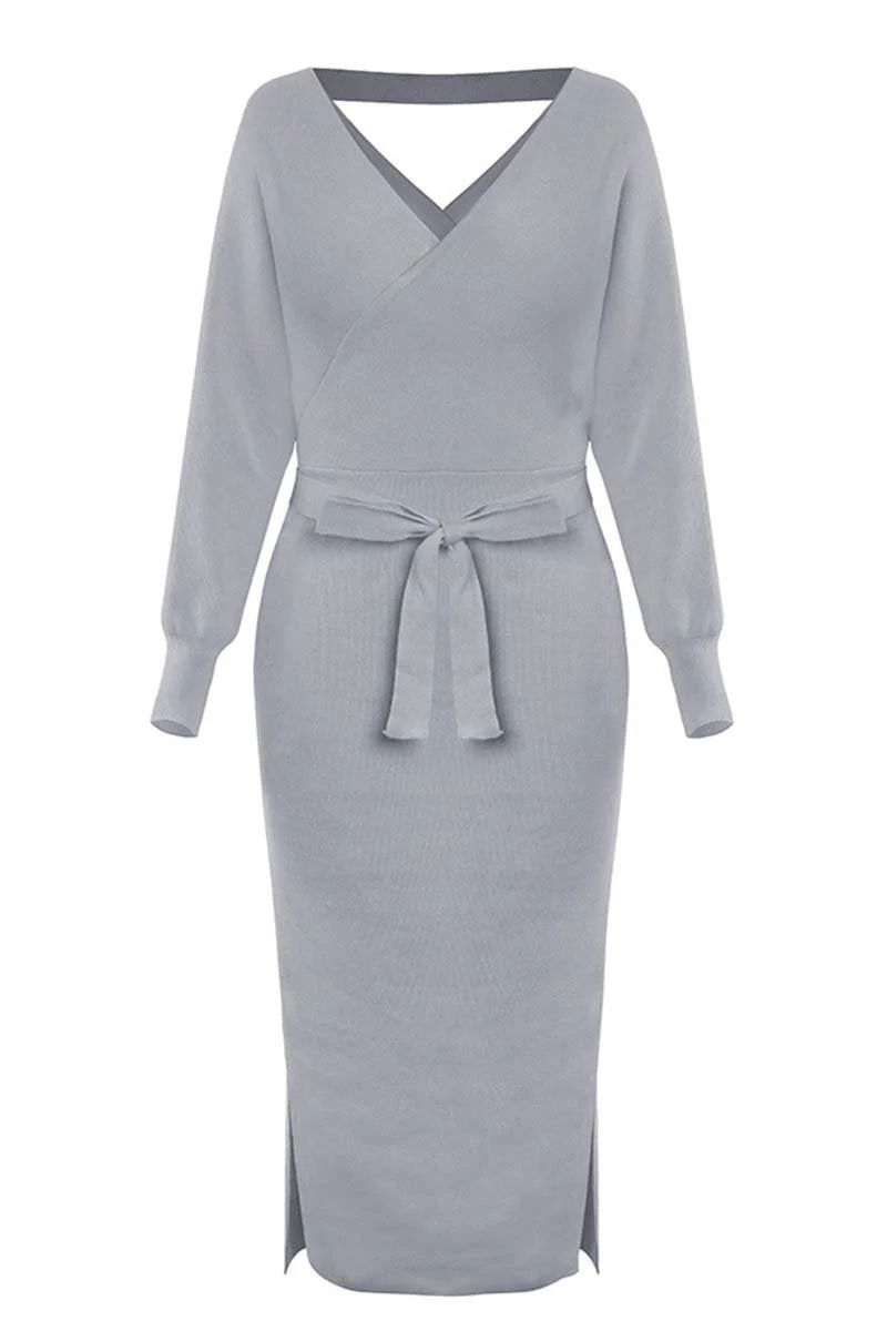 hulianfu hulianfu V Neck Backless Sweater Dress(5 Colors) - Deanwangkt