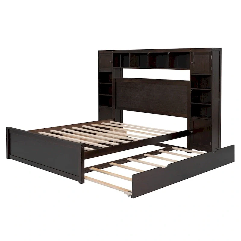 Modern Wooden Bed with Cabinet, Shelf, and Sockets