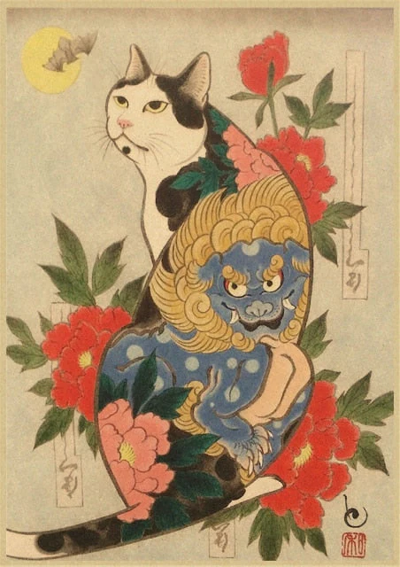 HULIANFU Japanese samurai cat tattoo cat vintage poster wall art sticker painting living room decoration bedroom print picture - Deanwangkt