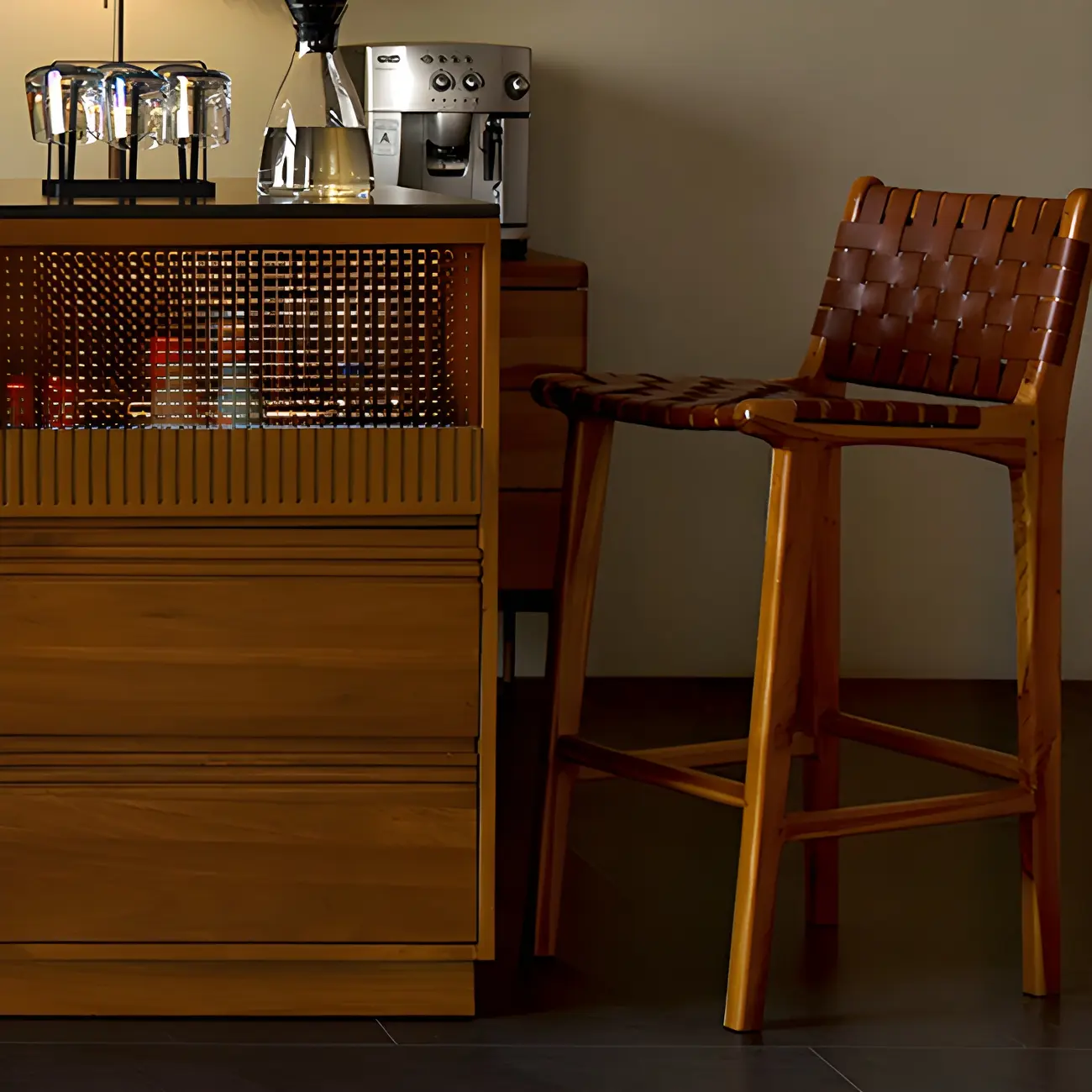 Rustic Reddish Brown Wooden Woven Bar Stool