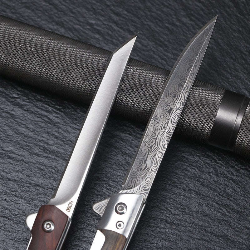 HULIANFU M390 Steel Folding Knife with Holster Wooden Handle Damascus Pattern High Hardness Outdoor Hunting Knife  Camping Survival Tools - Deanwangkt