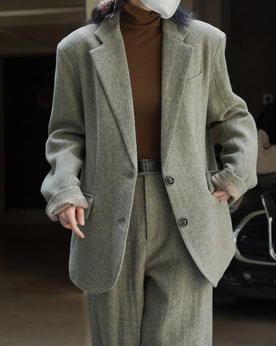 Hulianfu Fall Winter Women's Casual Coat Solid Color Single Breasted Pocket Decorative Loose Wool Blazer Jacket - Deanwangkt
