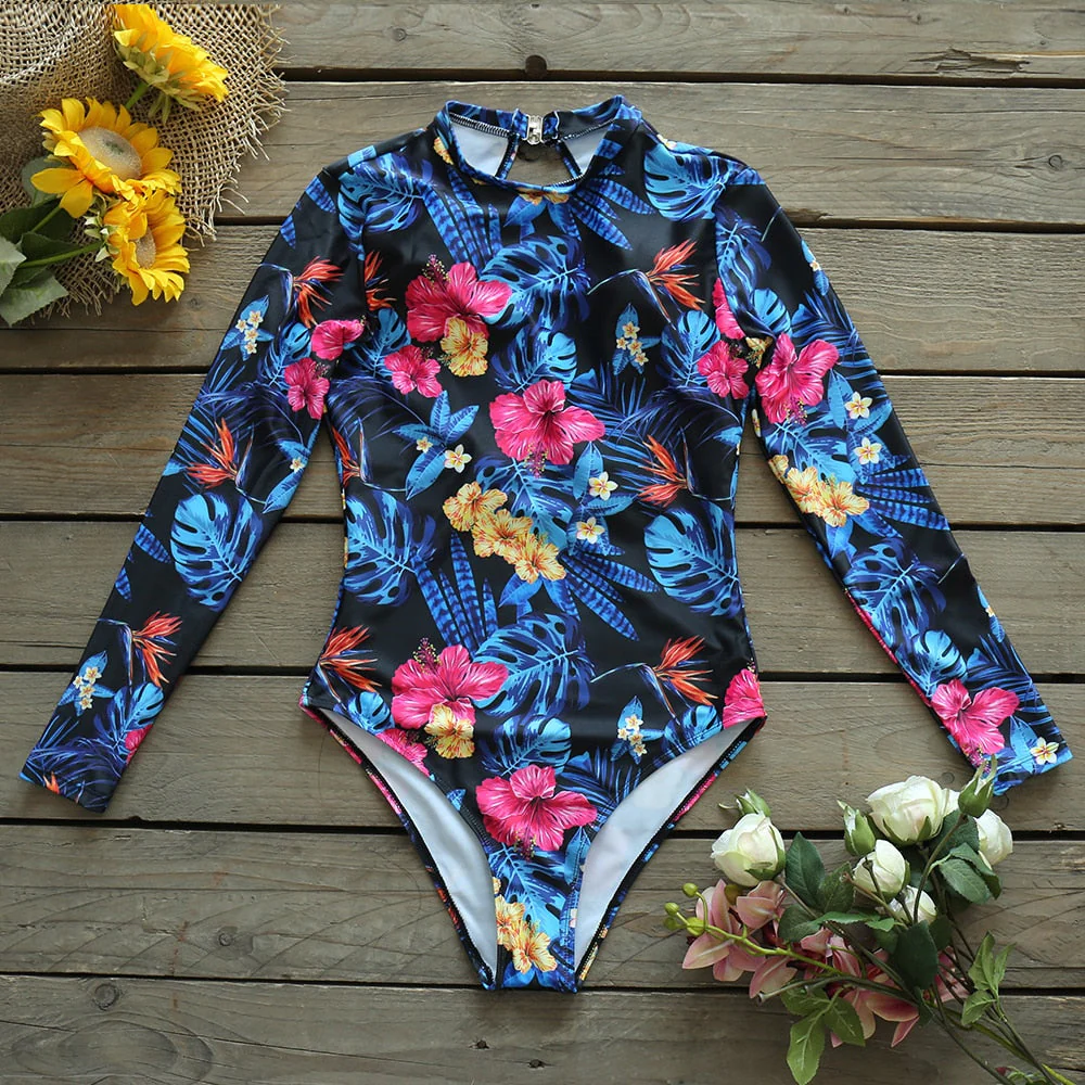 Long Sleeve Print Floral New One Piece Swimsuit Swimwear Women Bathing Suit Backless Swimsuit Vintage Surfing Swim Suit - Deanwangkt