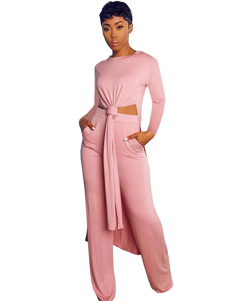 New Arrival Fashion Design two pieces  Sexy Women Set Solid O-neck Long Top  And  Long Pants  Summer  Outfits - Deanwangkt