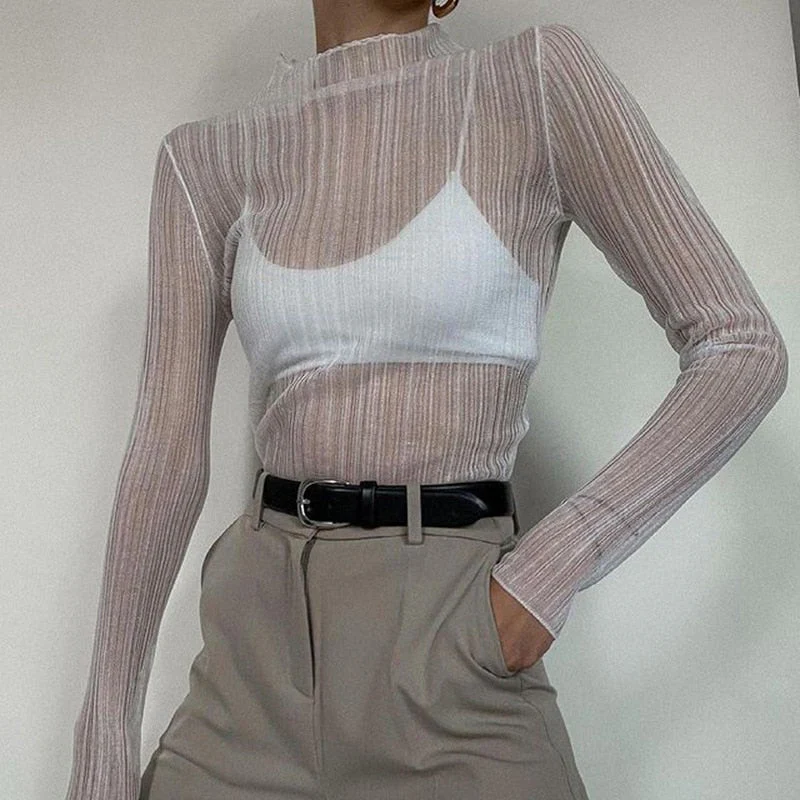 Hulianfu Fall Elegant See Through Long Sleeve Mock Neck Women Tops Fashion Streetwear Sexy T-Shirts Tees Slim Clothes - Deanwangkt