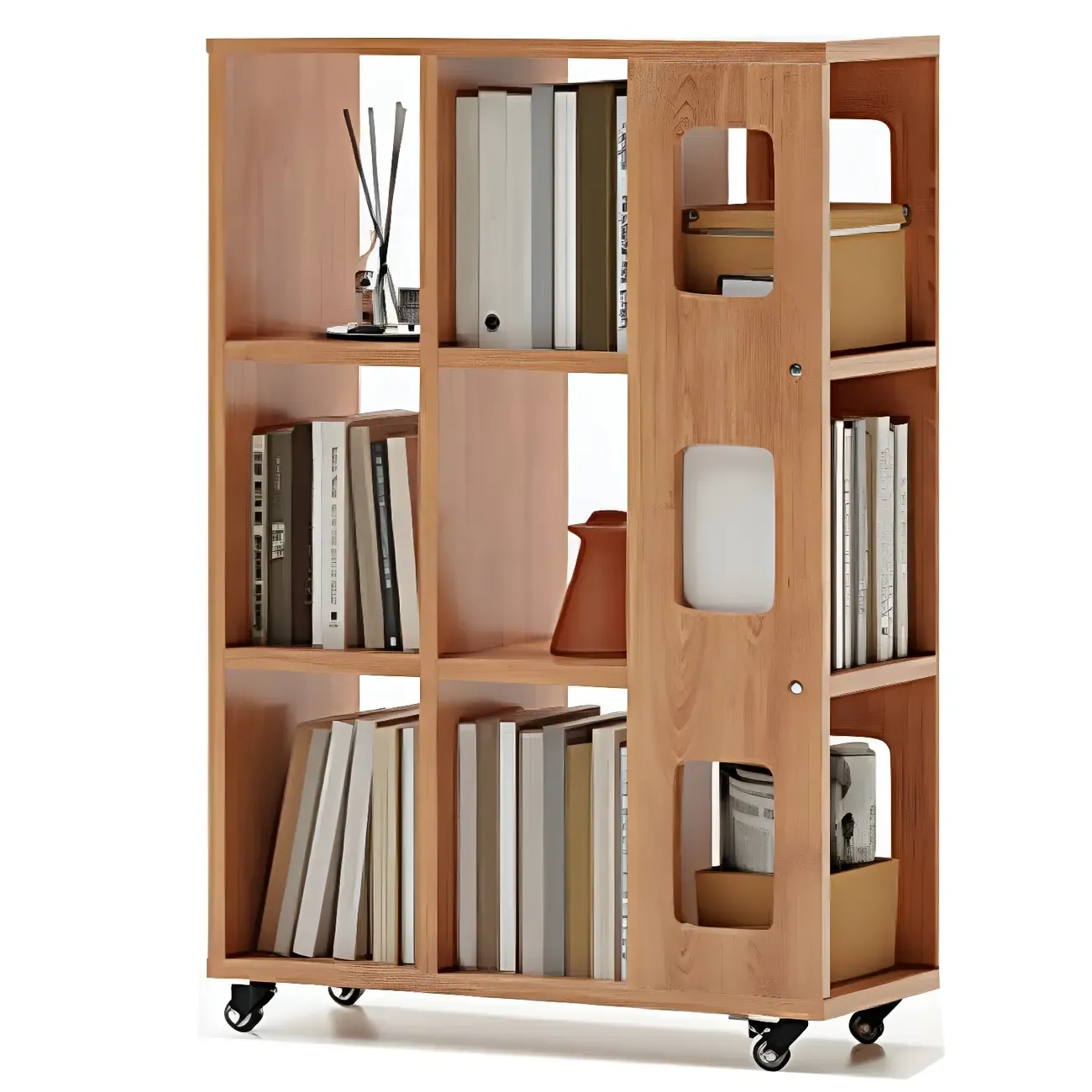 Mid-Century Nut-Brown Wood 5-Tier Bookcase on Wheels