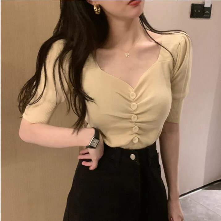 Hulianfu Vintage Puff Short Sleeve V-neck Knitted T-shirts With Decorated Buttons Girls Solid Stretchy Crop Tops Thin Knitwear For Women - Deanwangkt