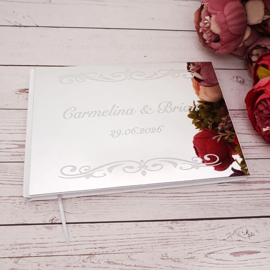 HULIANFU Personalized Wedding Signature Guestbooks Custom Acrylic Silver Mirror Souvenir Blank Books Party Favors Gifts Engagement Decor - Deanwangkt