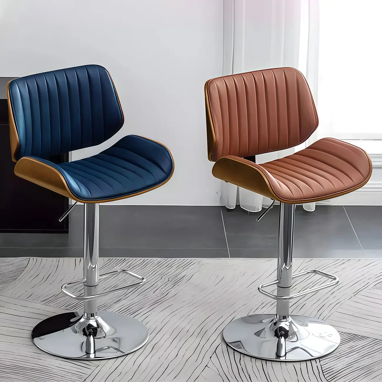 Elegant Wood Leather Red Swivel Adjustable Bar Stool