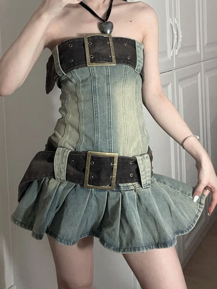 Y2K Vintage Women Korean Sexy Wrap Chest Belted Pleated Denim Dress Aesthetic Fairy Grunge High Waist A-line Dresses Alt Clothes - Deanwangkt