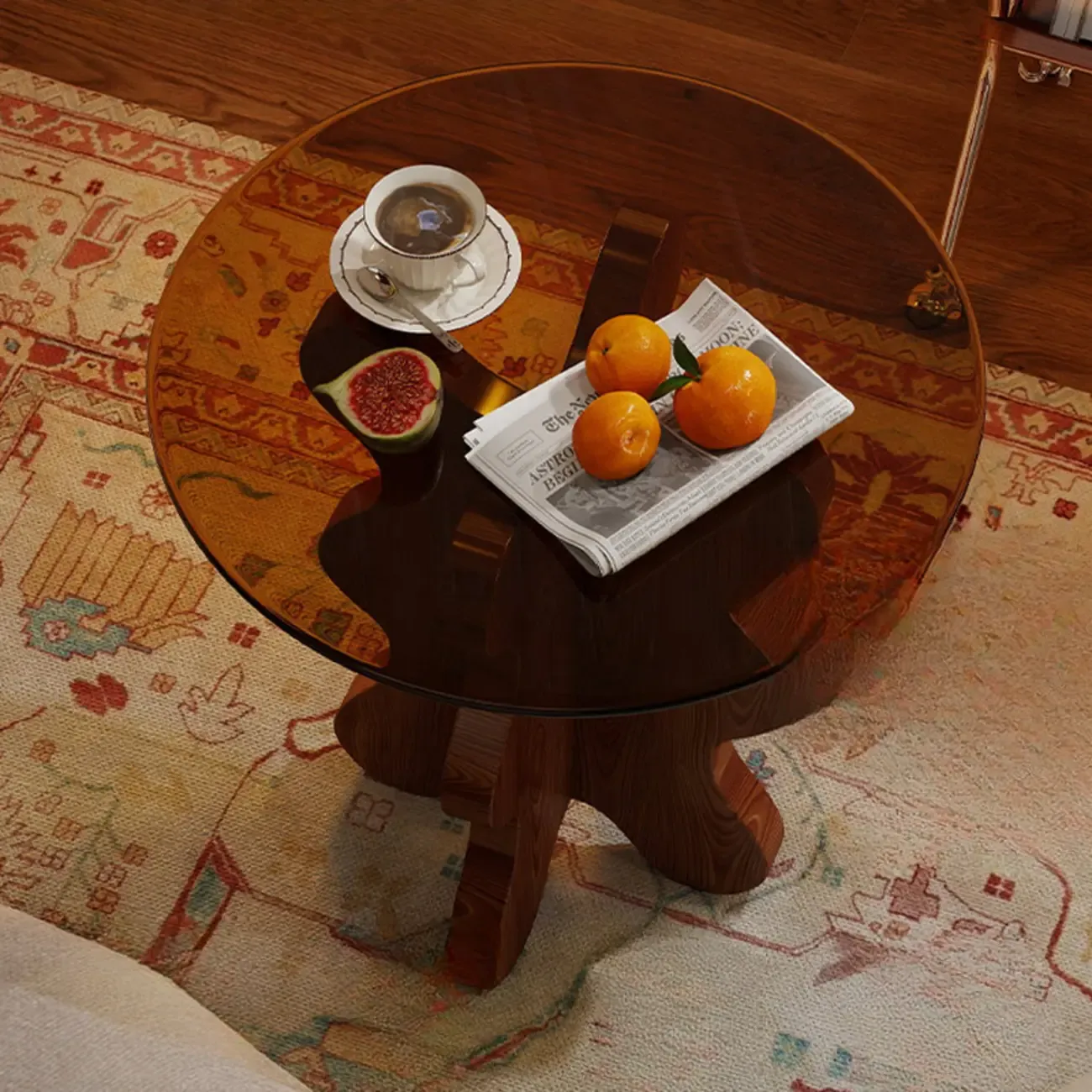 Mid-Century Modern Glass Top Walnut Pedestal Side Table
