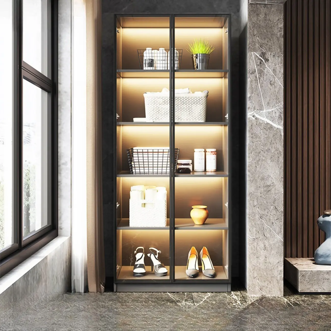 Freestanding Grey Wood Glass Display Cabinet with Light