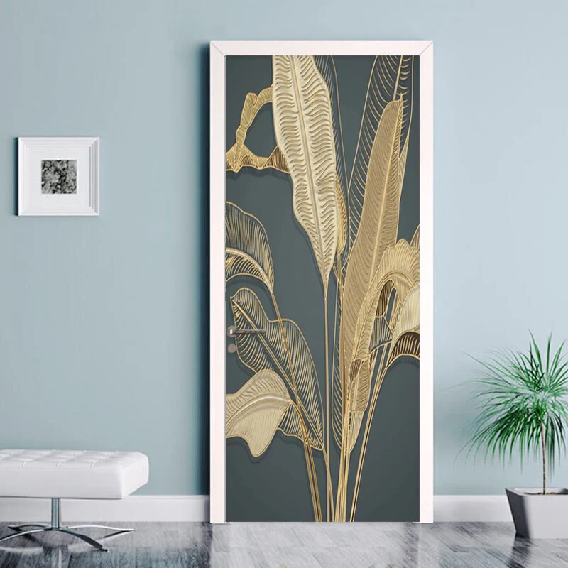 HULIANFU 2026  Door Sticker Modern Banana Leaf Light Luxury 3D Relief Golden Line Wallpaper Living Room Bedroom Abstract Art Door Poster Decor - Deanwangkt