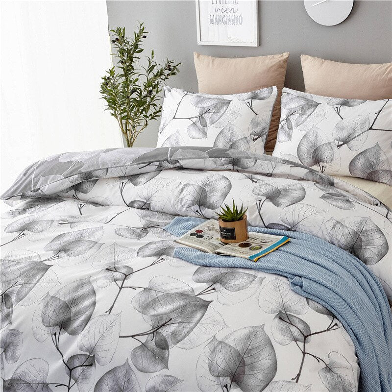HULIANFU Simple Black and White Bedding Set King Size Plain Leaves Duvet Cover Set Queen Double Full Soft Home Comforter Cover Pillowcase - Deanwangkt