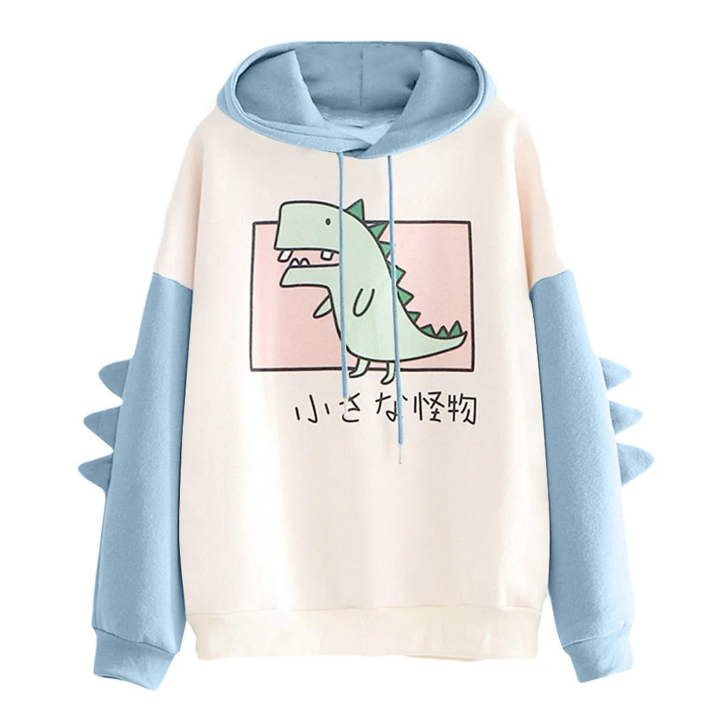 Winter dino hoodie Tops Dinosaur Oversized Cartoon Hoodie Women Fashion Sweatshirt Casual Print Korean Style Thicken Sweatshirt - Deanwangkt