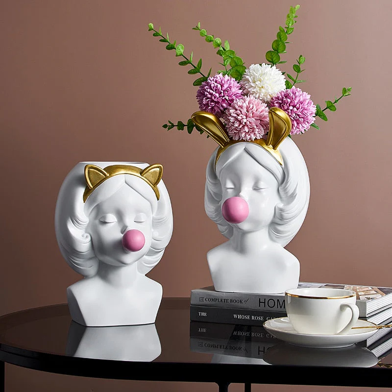 HULIANFU Resin Vase Nordic Modern Home Decoration Cute Girl Blowing Bubbles Decorative Head Carving Flower Vases Pen Holder Vase Flowers - Deanwangkt