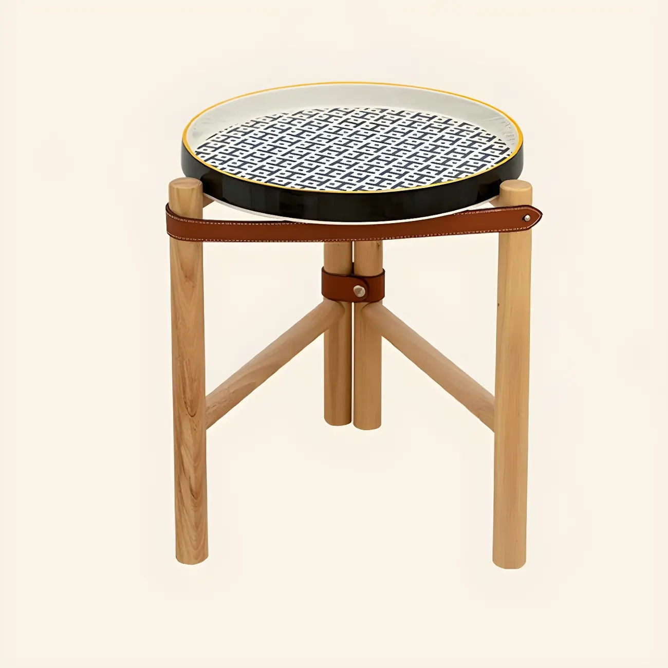 Scandinavian Round End Table with Ceramic Tray Top