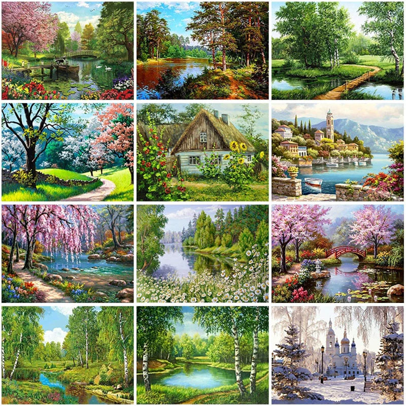 HULIANFU Villa Scenery DIY 5D Diamond Painting Full Round Resin Mosaic Landscape Diamond Embroidery Picture Rhinestone Home Decor Gift - Deanwangkt