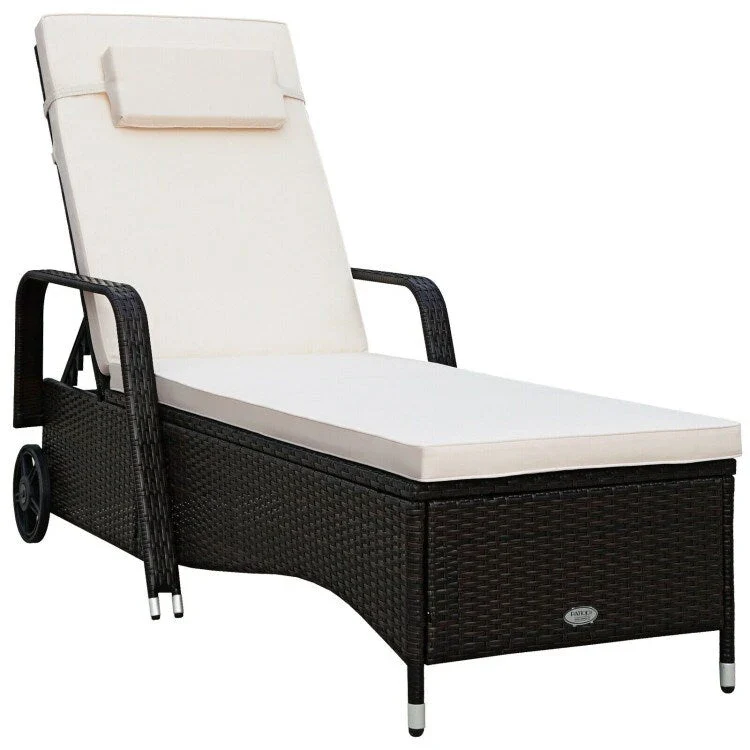 Outdoor Cushioned Wicker Chaise Lounger with Adjustable Backrest - 79.0  x27.5  x 21 (L x W x H)