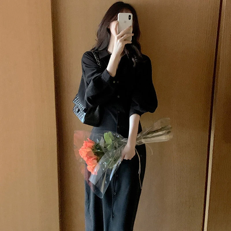Hulianfu Vintage Evening Shirt Dresses for Women Party Fashion High Waist Korean Lace Up Long Woman Dress Elegant Autumn 2026  Vestidos - Deanwangkt