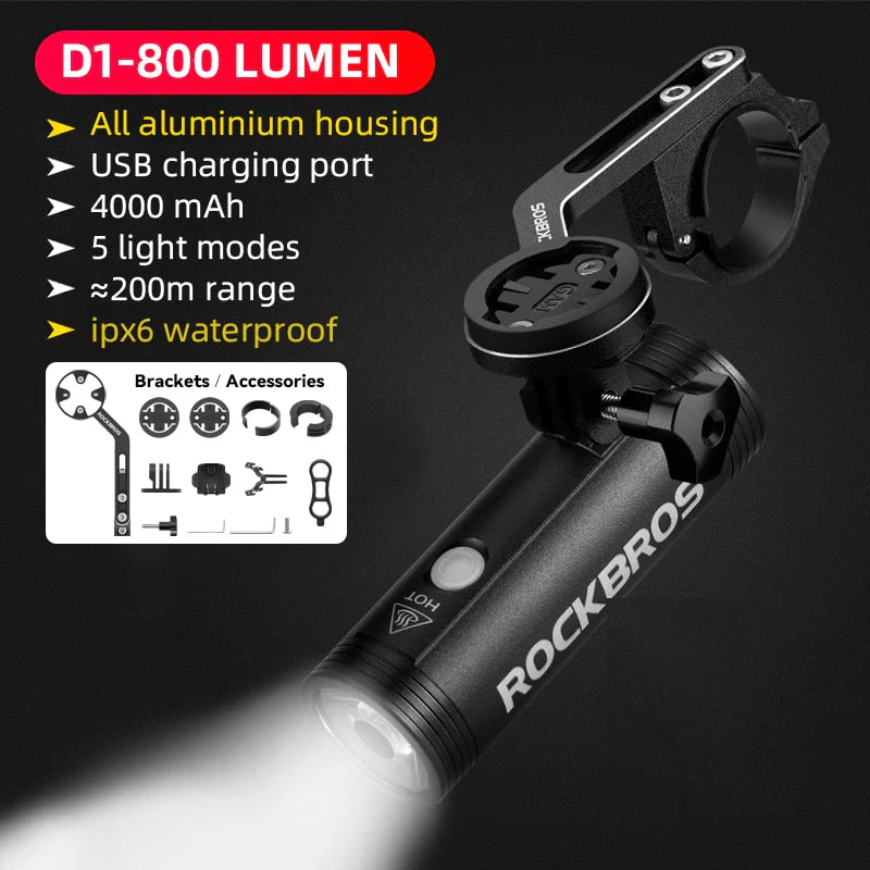 HULIANFU ROCKBROS 1000LM Bike Light Front Lamp USB Rechargeable LED 4800mAh Bicycle Light Waterproof Headlight Bike Accessories - Deanwangkt