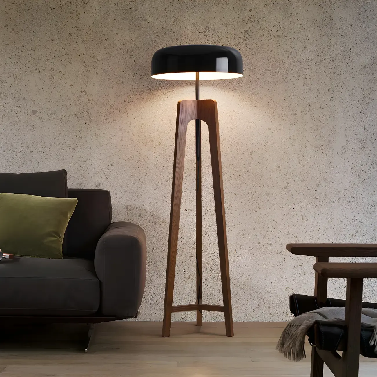 Modern Dome Wooden Tripod Floor Lamp Plug-In for Living Room