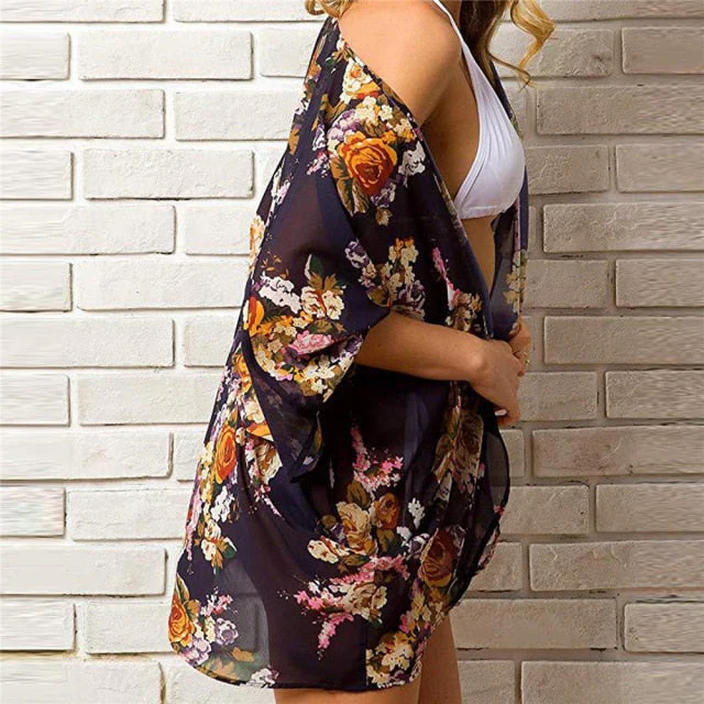 Casual Leaves Print Chiffon Kaftan Beach Cover Up Cardigan Shawl Swimwear Women Summer Swimsuit Pareos Cape Saida De Praia - Deanwangkt