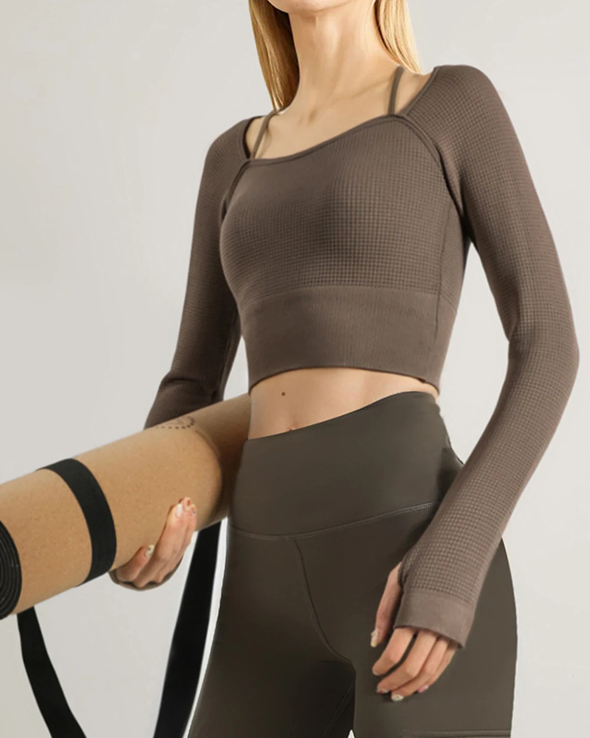 Women's slim-fit textured waffle active yoga top, long-sleeve Pilates training running fitness shirt