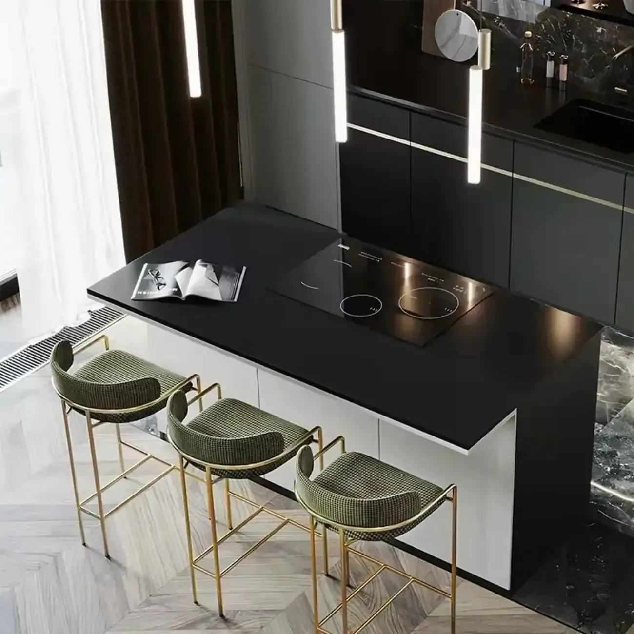 Art Deco Gold Green Cotton Upholstered Bar Stool