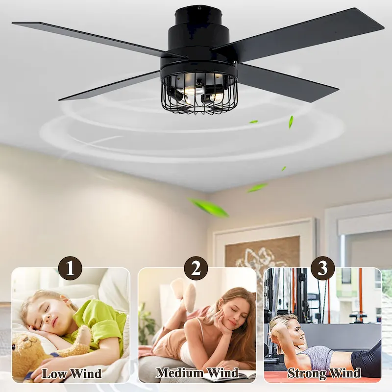 Bella Depot 52  Industrial Flush Mount Ceiling Fan, 6-Speed Reversible Motor with Dimmable Light and Remote Control