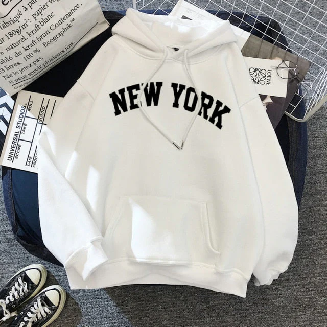 Female Thicken Warm Hoodies Lady Autumn Tops NEW Sweatshirts Velvet Winter Women's NEW YORK Printing Hooded Hoodies - Deanwangkt