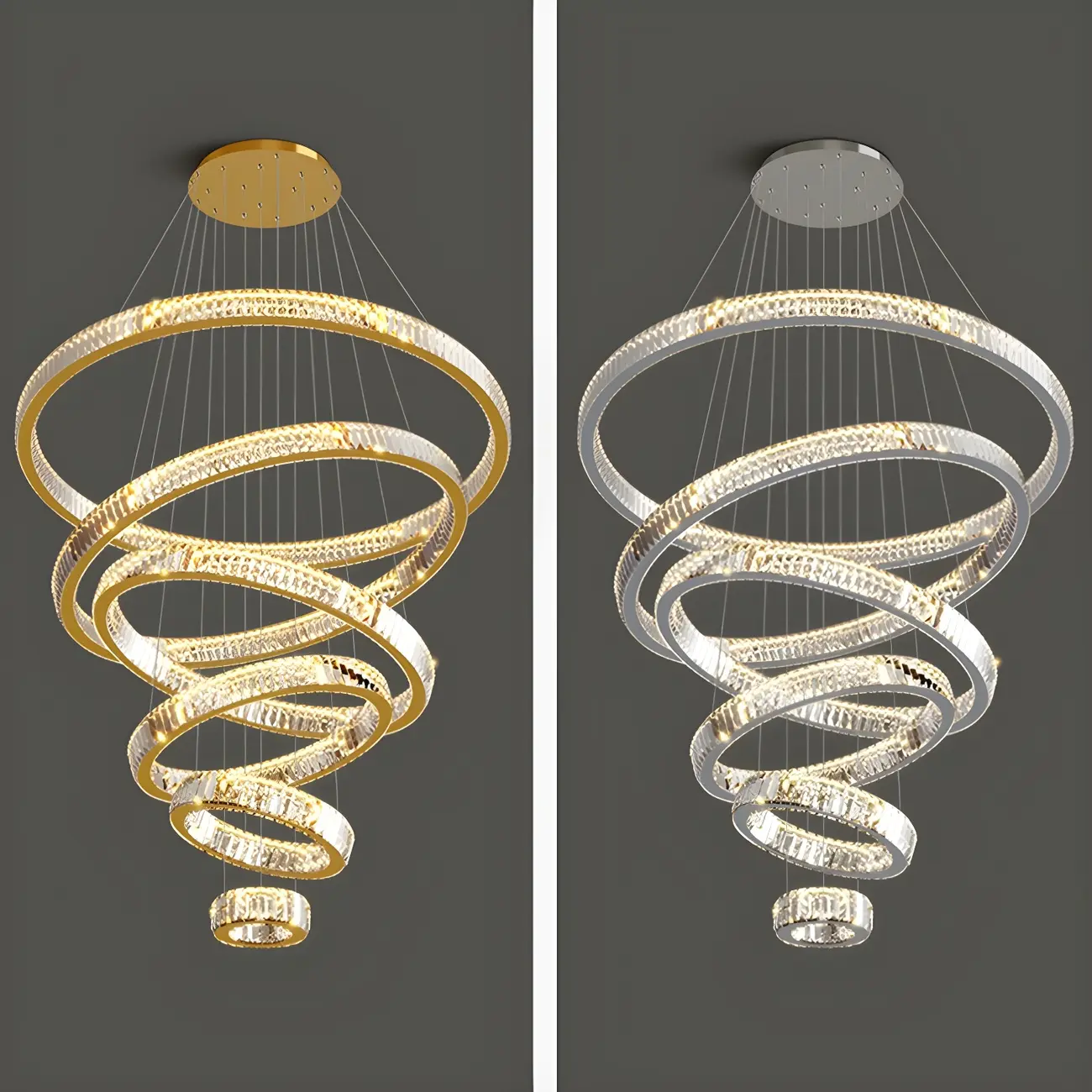 Gold Spiral Ring Crystal Tier Chandelier Modern Remote LED